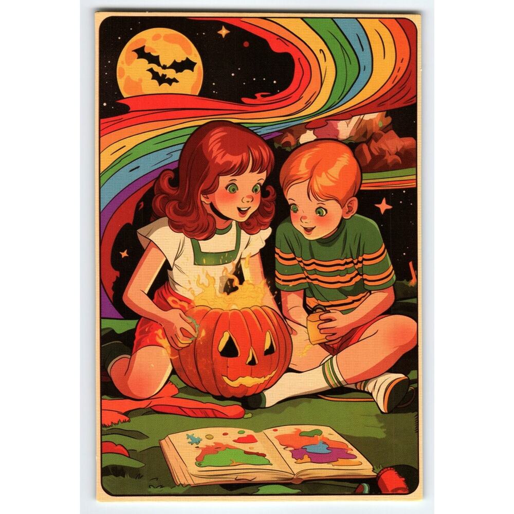 Vintage Halloween Photochrome Postcard Kids with Glowing Jack-o'-Lantern